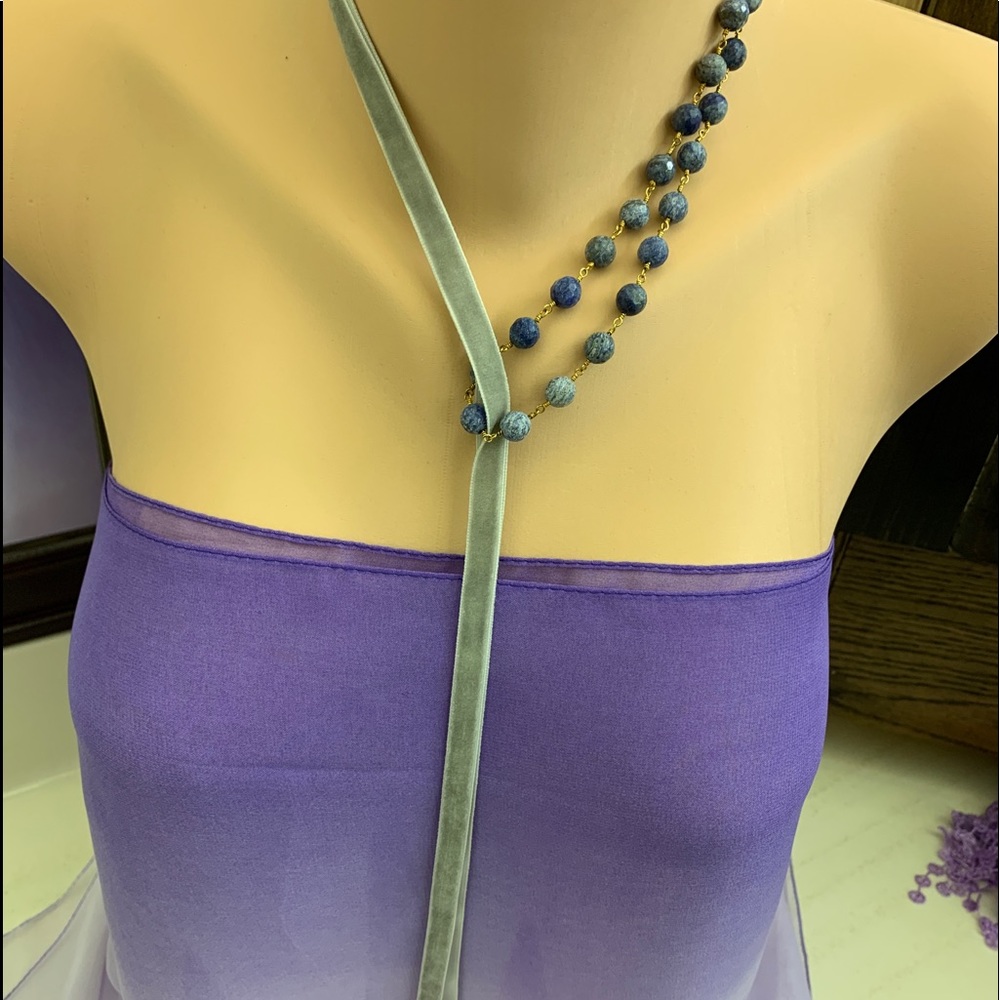 Adjustable necklace blue lapis and ribbon